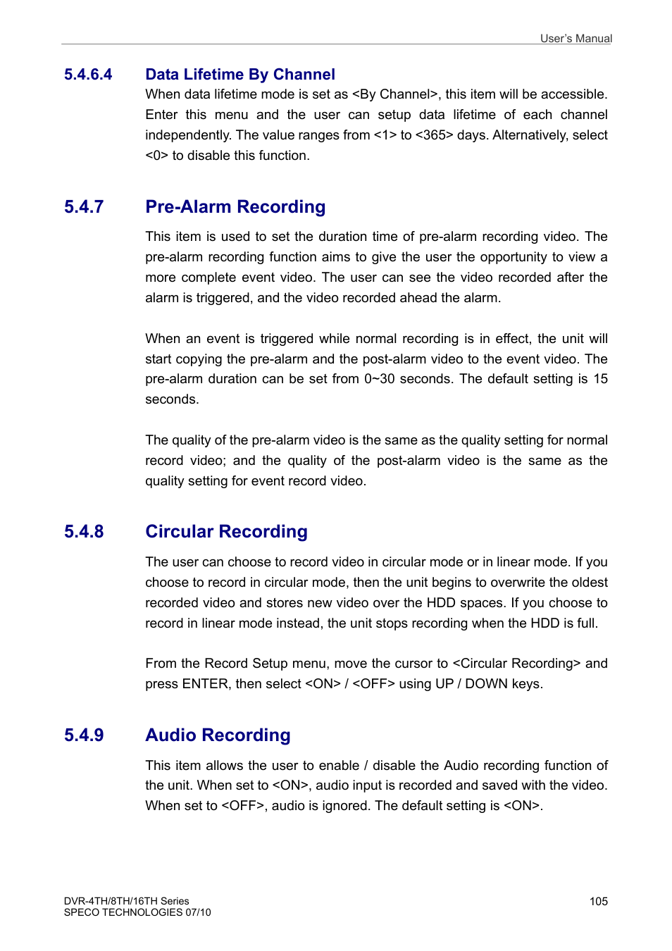 7 pre-alarm recording, 8 circular recording, 9 audio recording | Speco Technologies 8TH User Manual | Page 106 / 175