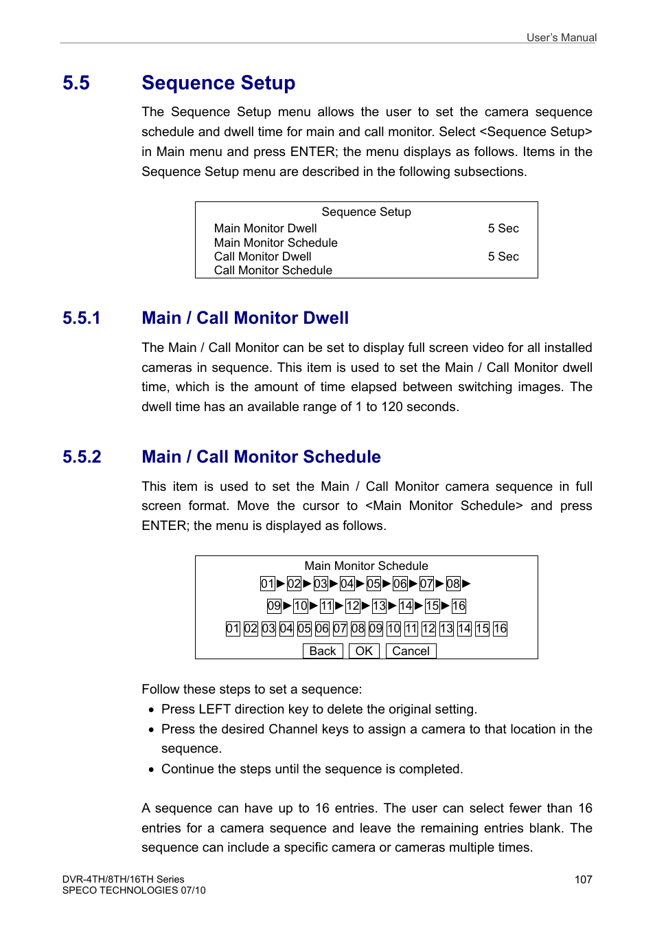 5 sequence setup, 1 main / call monitor dwell, 2 main / call monitor schedule | Speco Technologies 8TH User Manual | Page 108 / 175