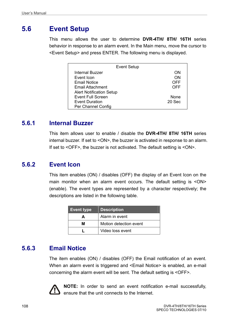 6 event setup, 1 internal buzzer, 2 event icon | 3 email notice | Speco Technologies 8TH User Manual | Page 109 / 175