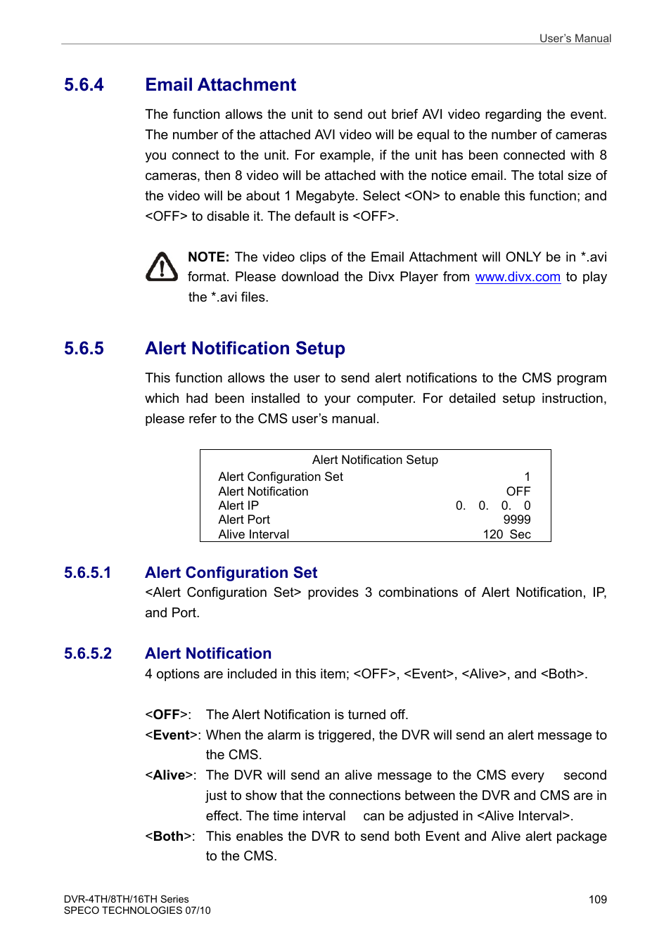 4 email attachment, 5 alert notification setup | Speco Technologies 8TH User Manual | Page 110 / 175