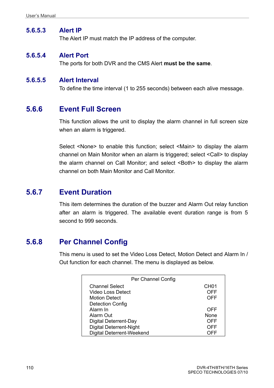 6 event full screen, 7 event duration, 8 per channel config | Speco Technologies 8TH User Manual | Page 111 / 175