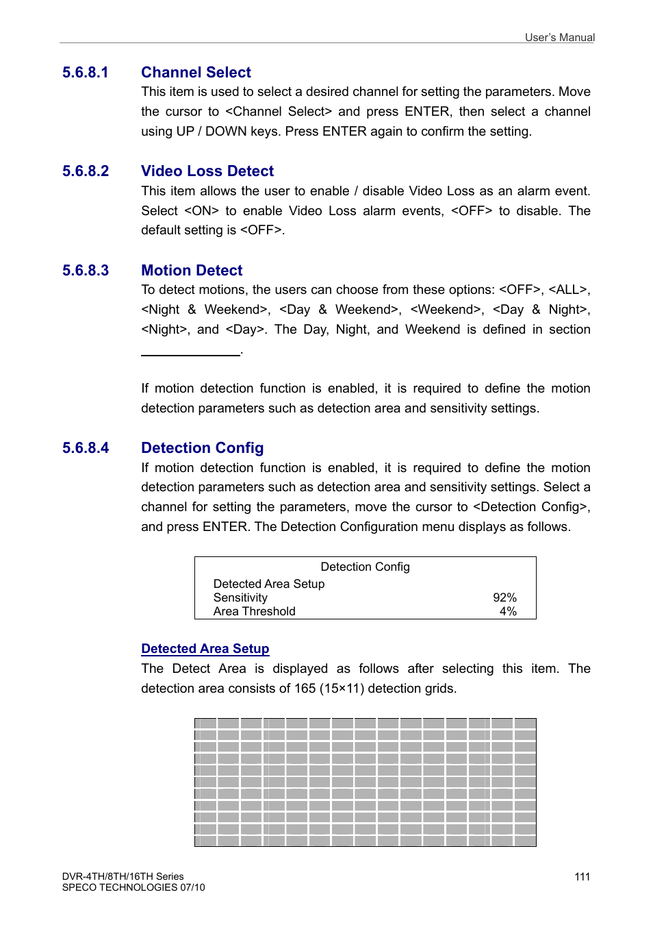 1 channel select, 2 video loss detect, 3 motion detect | 4 detection config | Speco Technologies 8TH User Manual | Page 112 / 175