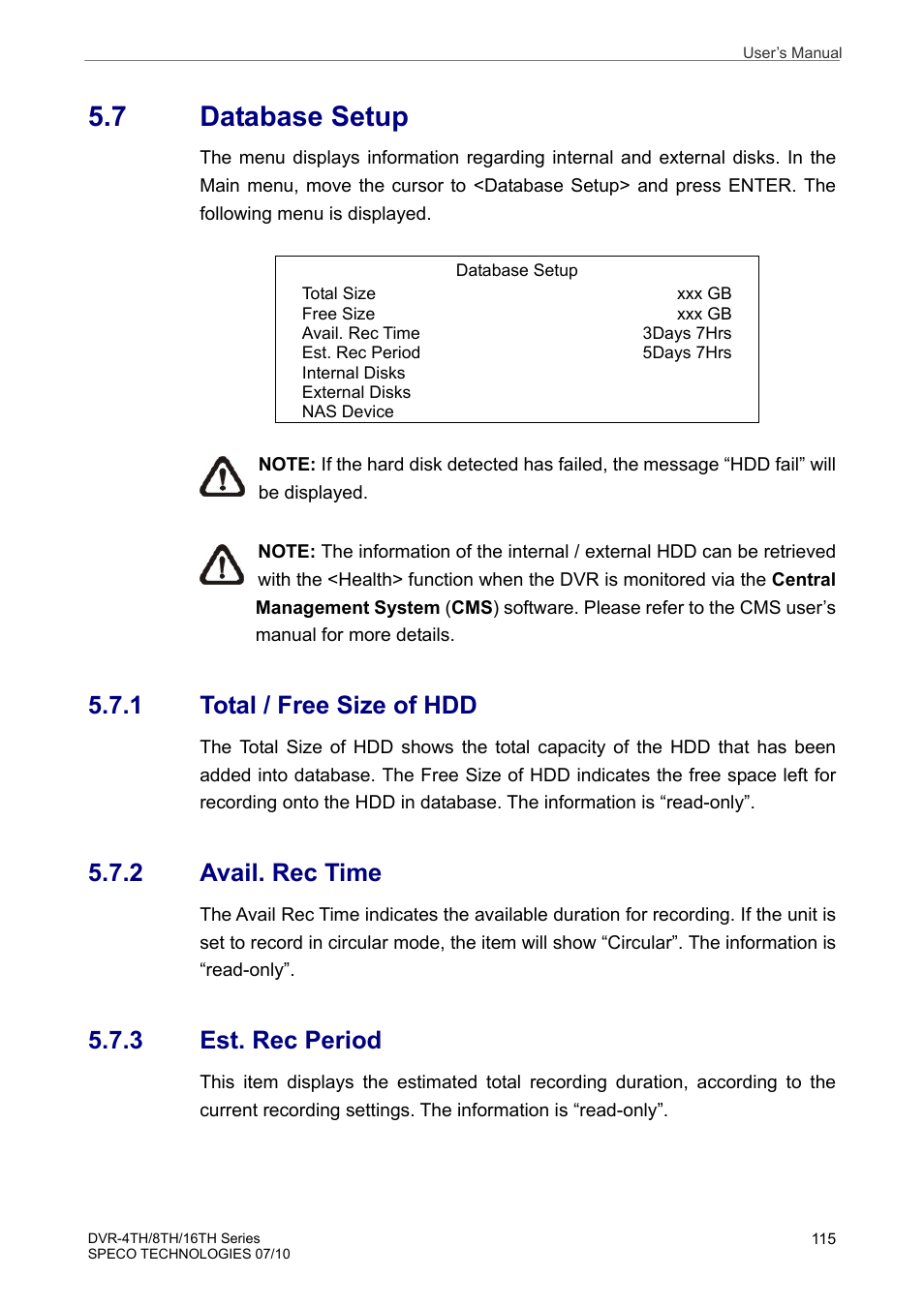 7 database setup, 1 total / free size of hdd, 2 avail. rec time | 3 est. rec period | Speco Technologies 8TH User Manual | Page 116 / 175