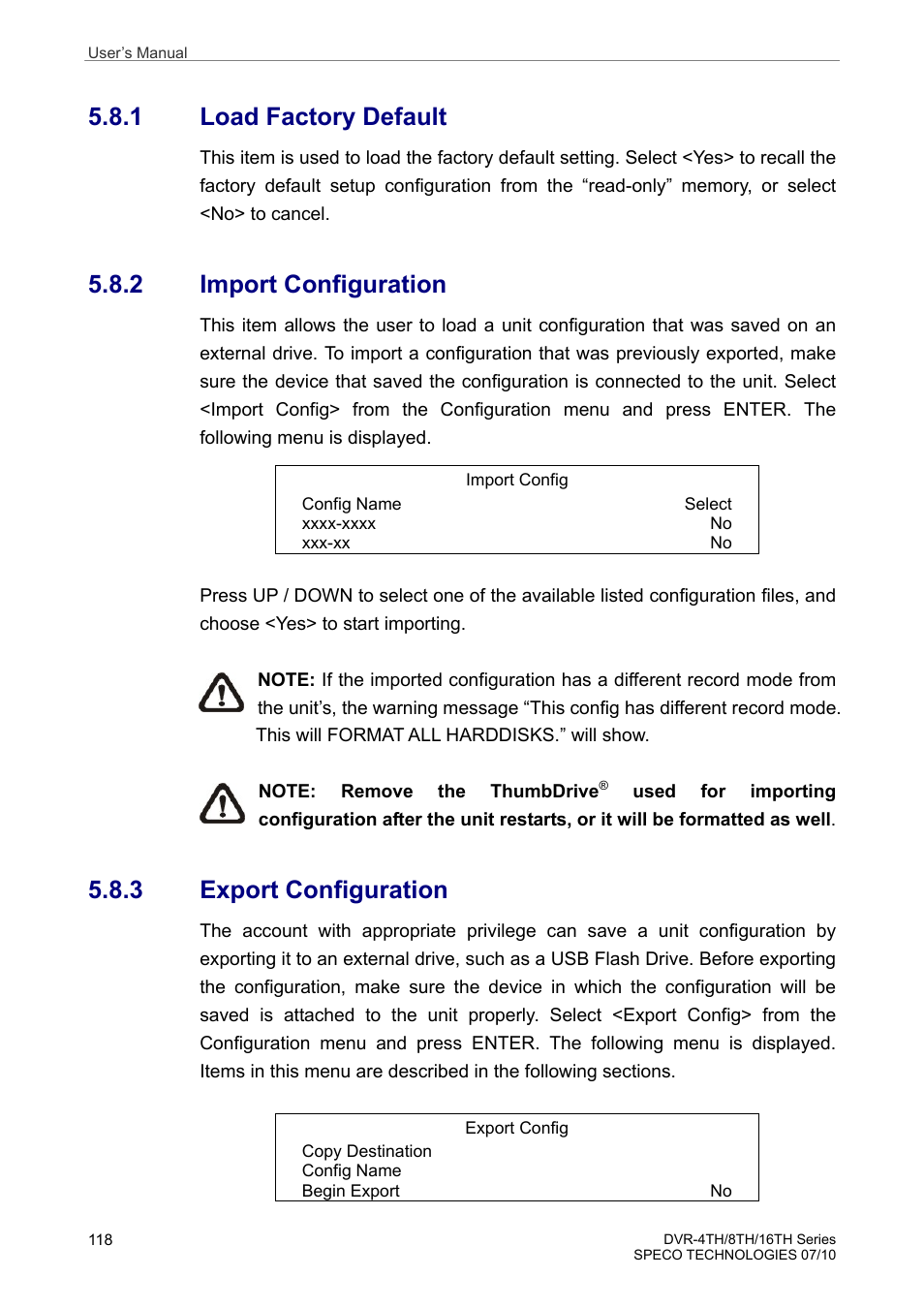 1 load factory default, 2 import configuration, 3 export configuration | Speco Technologies 8TH User Manual | Page 119 / 175