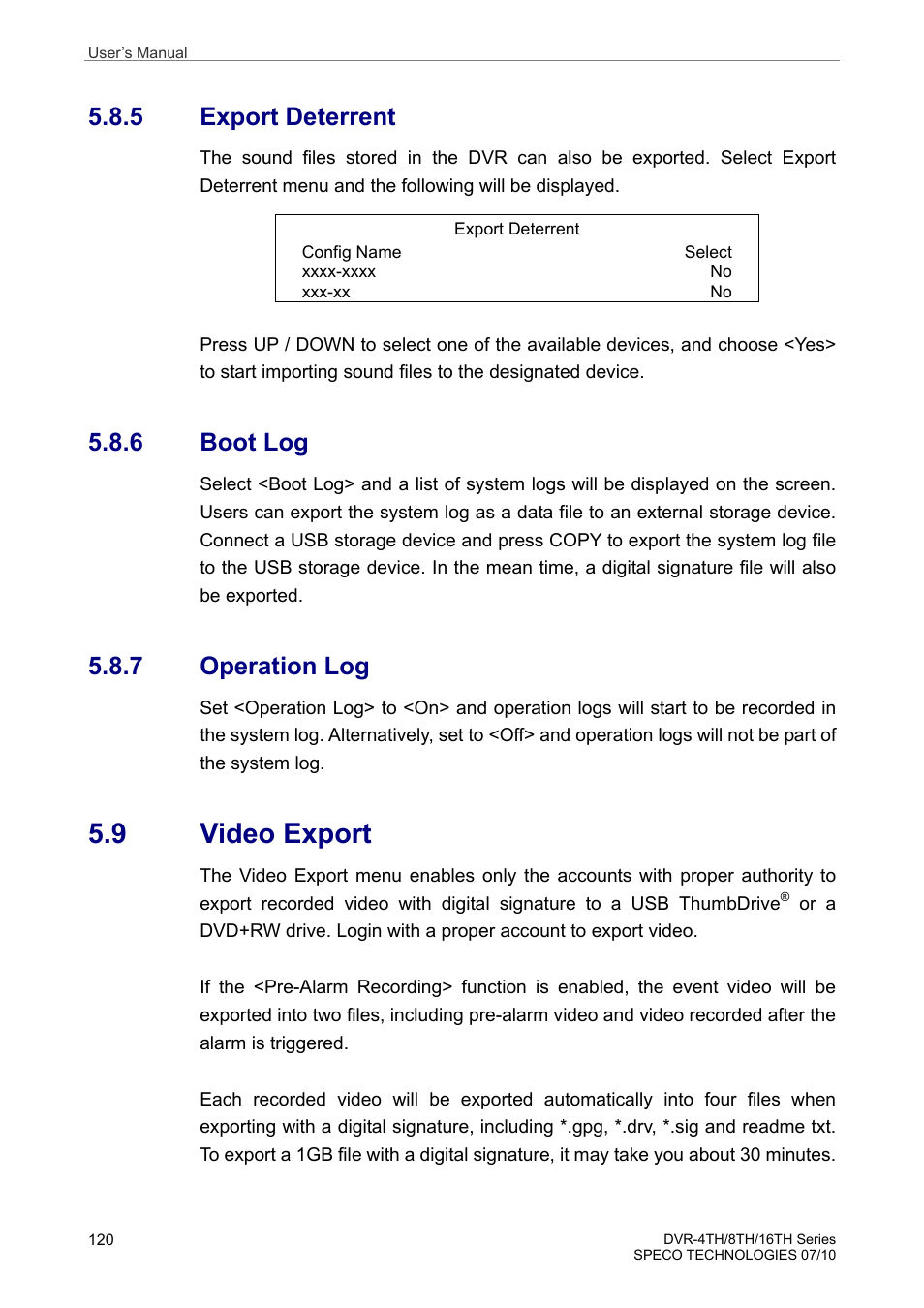 9 video export, 5 export deterrent, 6 boot log | 7 operation log | Speco Technologies 8TH User Manual | Page 121 / 175