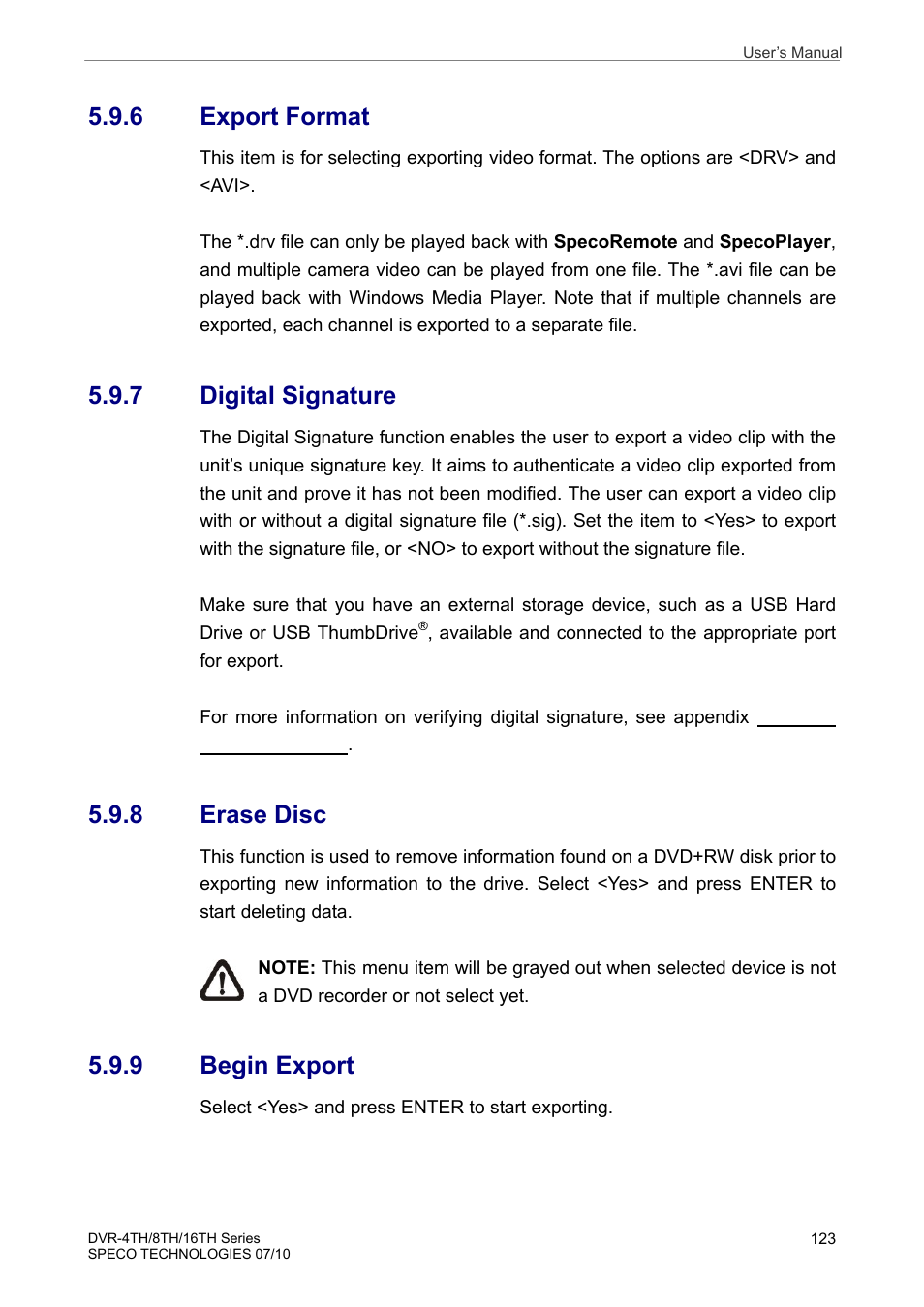 6 export format, 7 digital signature, 8 erase disc | 9 begin export | Speco Technologies 8TH User Manual | Page 124 / 175