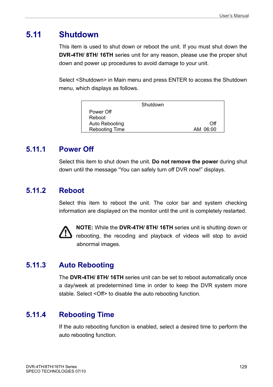11 shutdown, 1 power off, 2 reboot | 3 auto rebooting, 4 rebooting time | Speco Technologies 8TH User Manual | Page 130 / 175