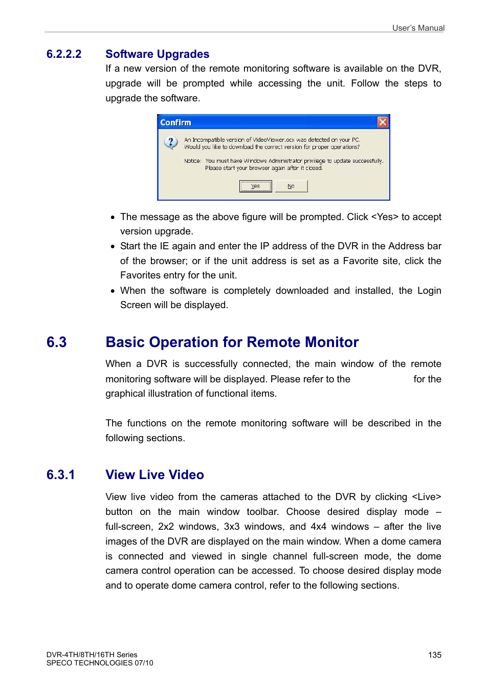 3 basic operation for remote monitor, 1 view live video | Speco Technologies 8TH User Manual | Page 136 / 175