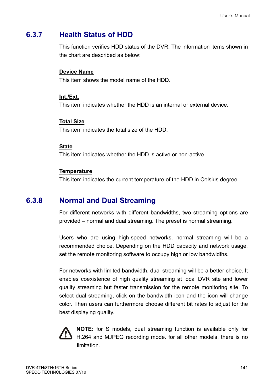 7 health status of hdd, 8 normal and dual streaming | Speco Technologies 8TH User Manual | Page 142 / 175