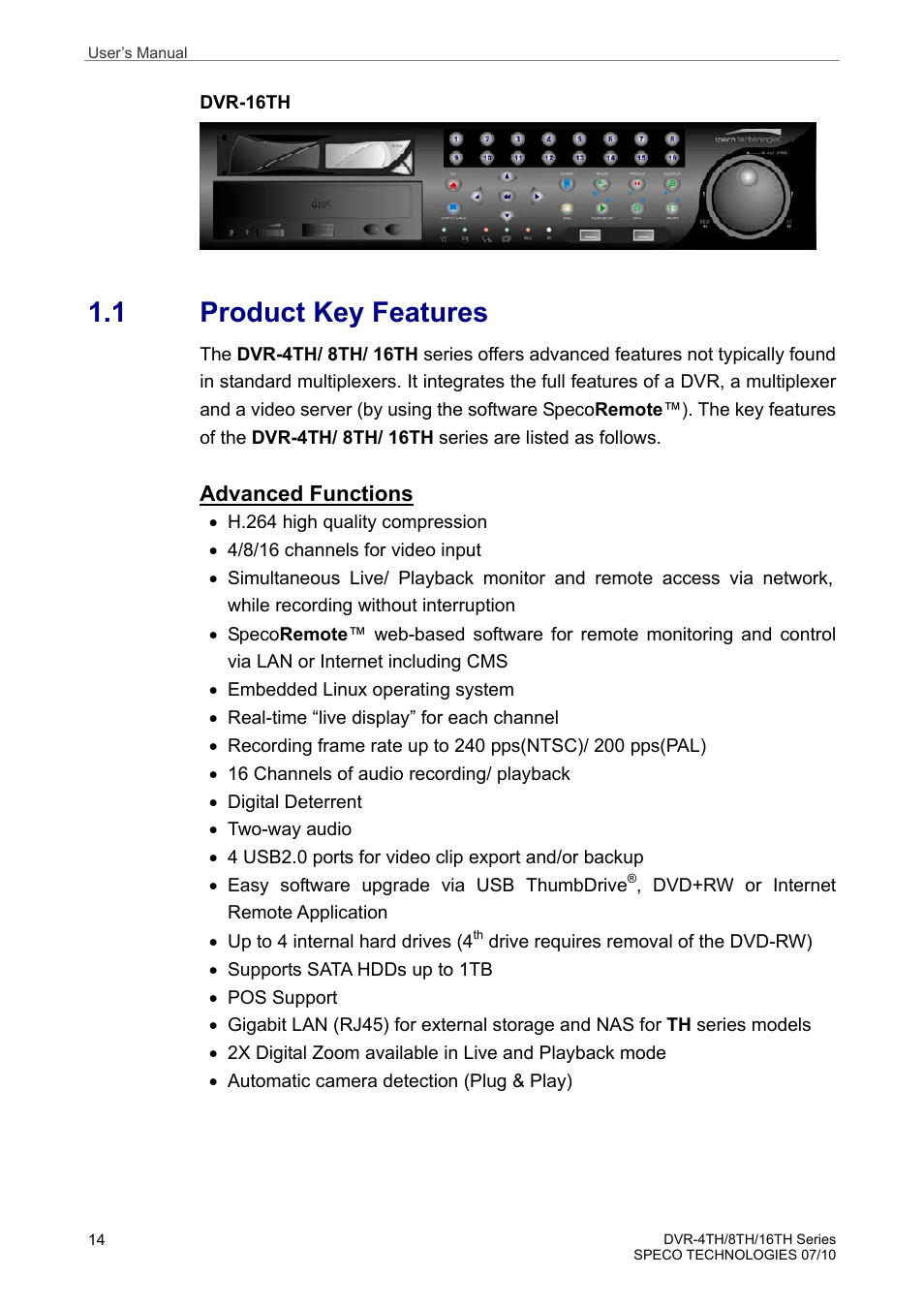 1 product key features, Advanced functions | Speco Technologies 8TH User Manual | Page 15 / 175