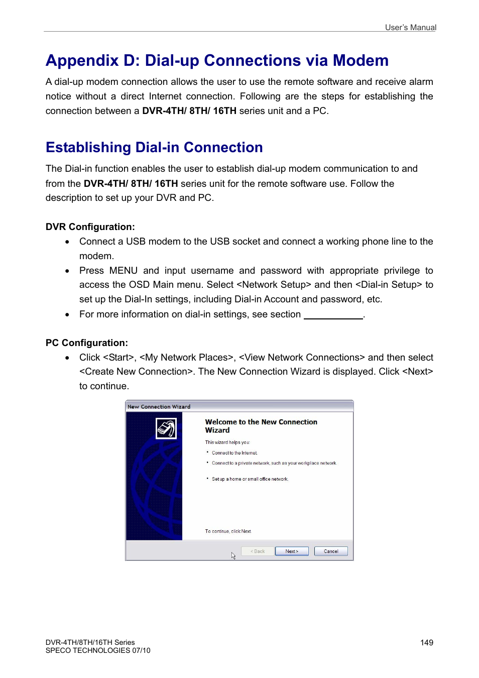 Appendix d: dial-up connections via modem, Establishing dial-in connection | Speco Technologies 8TH User Manual | Page 150 / 175