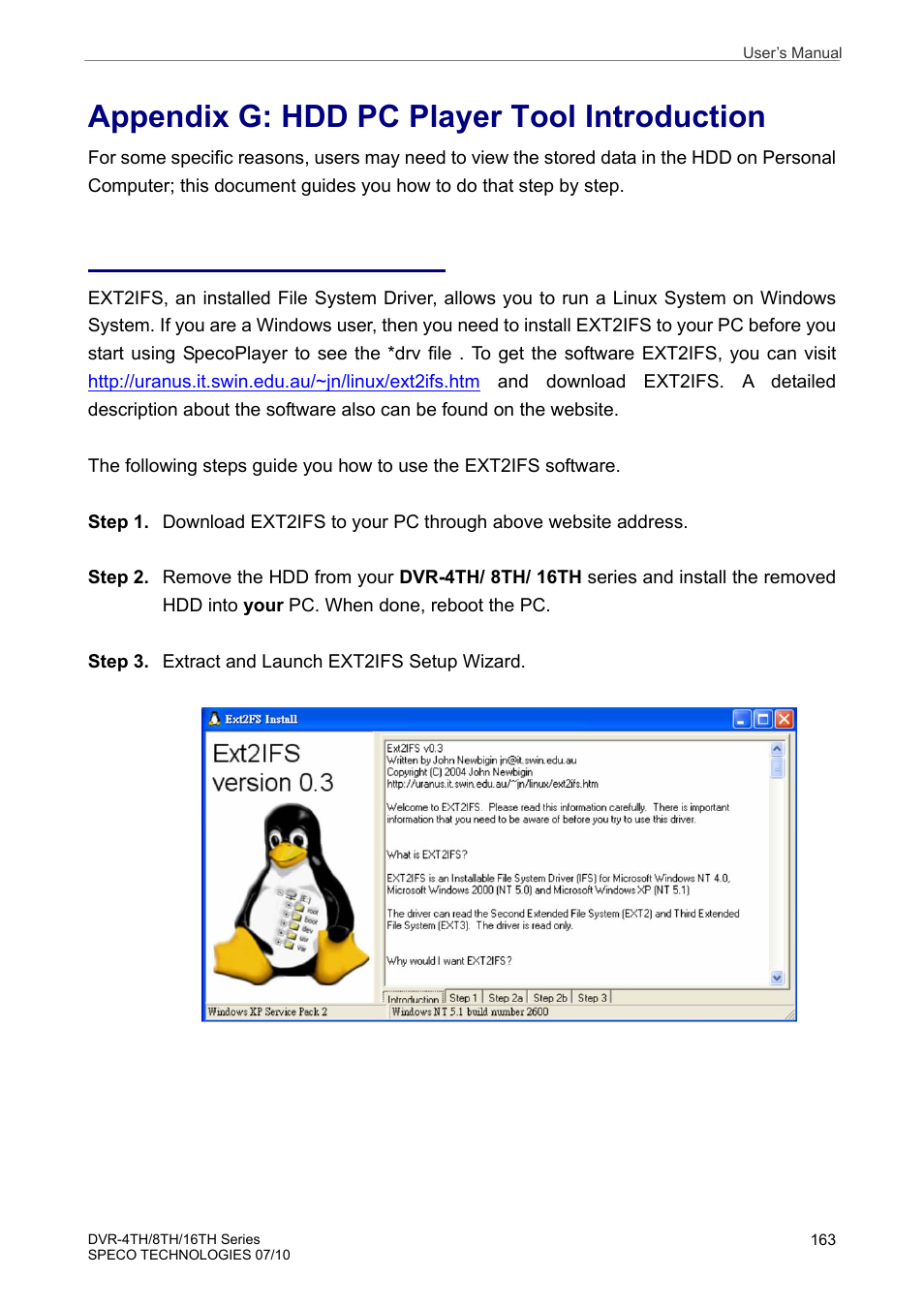 Appendix g: hdd pc player tool introduction, Using ext2ifs on your pc | Speco Technologies 8TH User Manual | Page 164 / 175