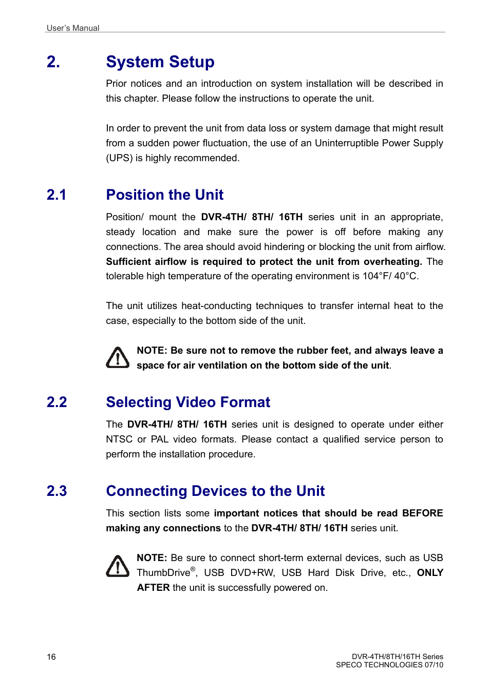 System setup, 1 position the unit, 2 selecting video format | 3 connecting devices to the unit | Speco Technologies 8TH User Manual | Page 17 / 175