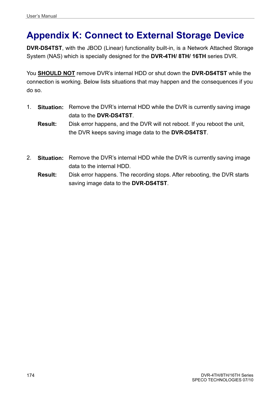 Appendix k: connect to external storage device | Speco Technologies 8TH User Manual | Page 175 / 175