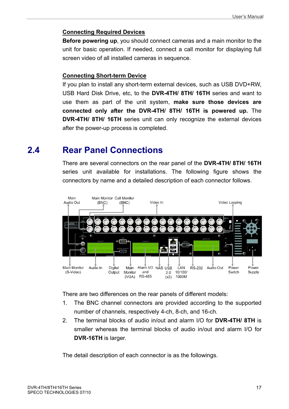 4 rear panel connections | Speco Technologies 8TH User Manual | Page 18 / 175