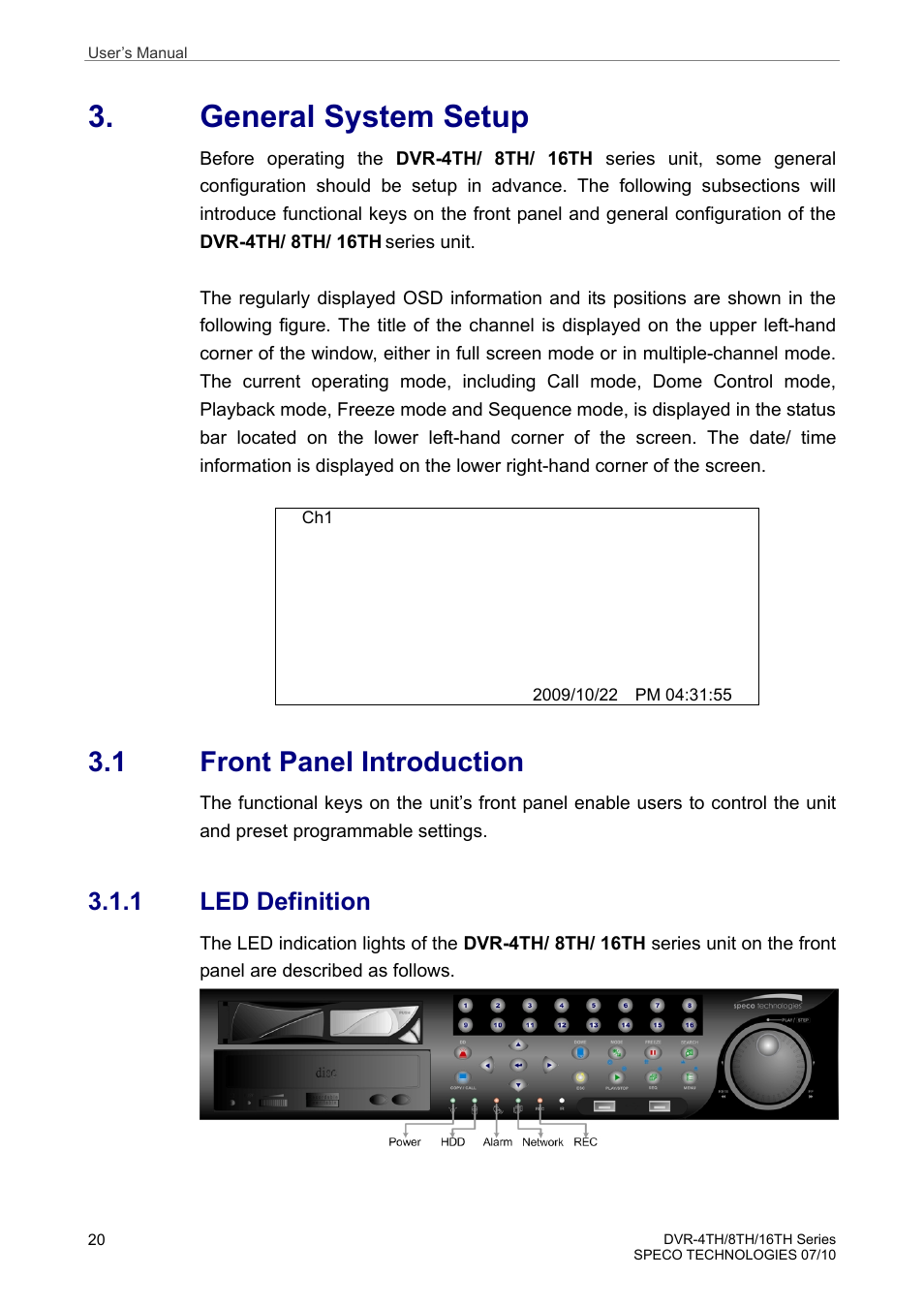 General system setup, 1 front panel introduction, 1 led definition | Speco Technologies 8TH User Manual | Page 21 / 175