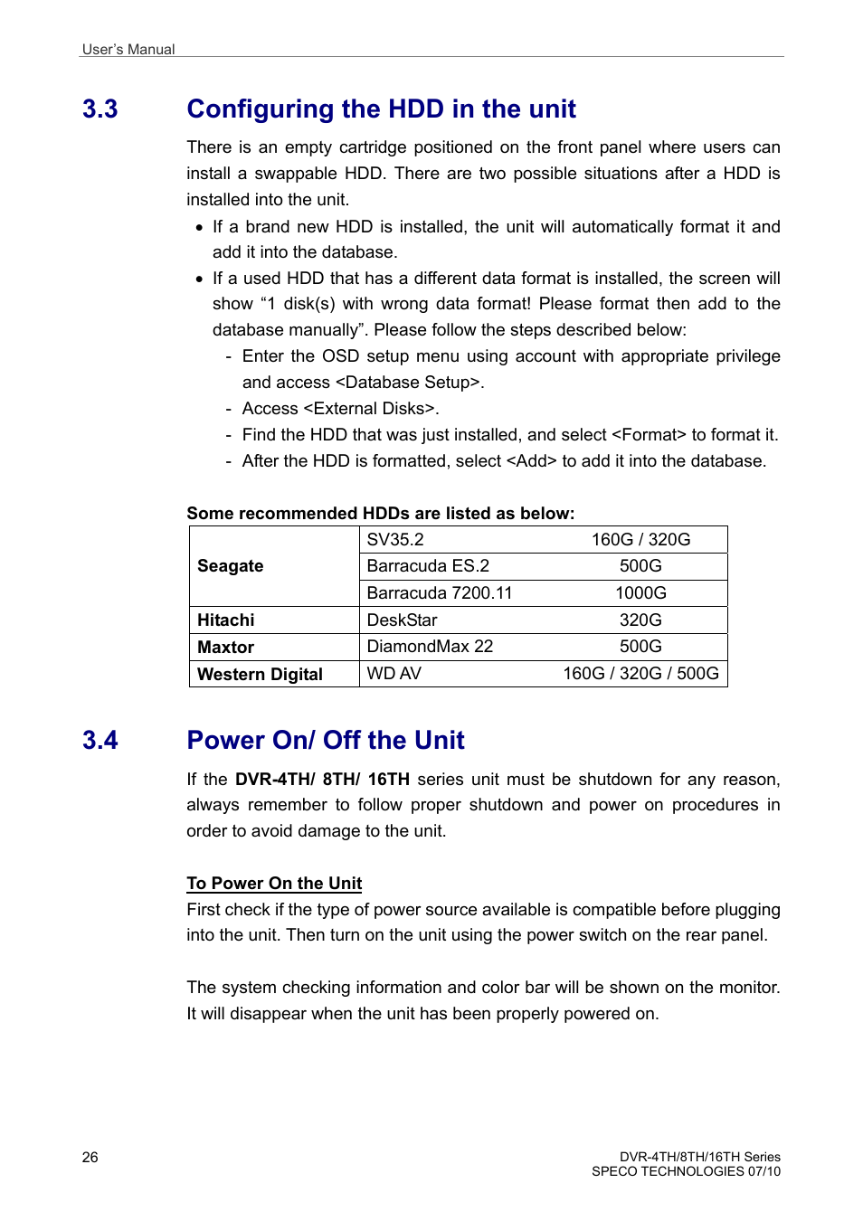 3 configuring the hdd in the unit, 4 power on/ off the unit | Speco Technologies 8TH User Manual | Page 27 / 175