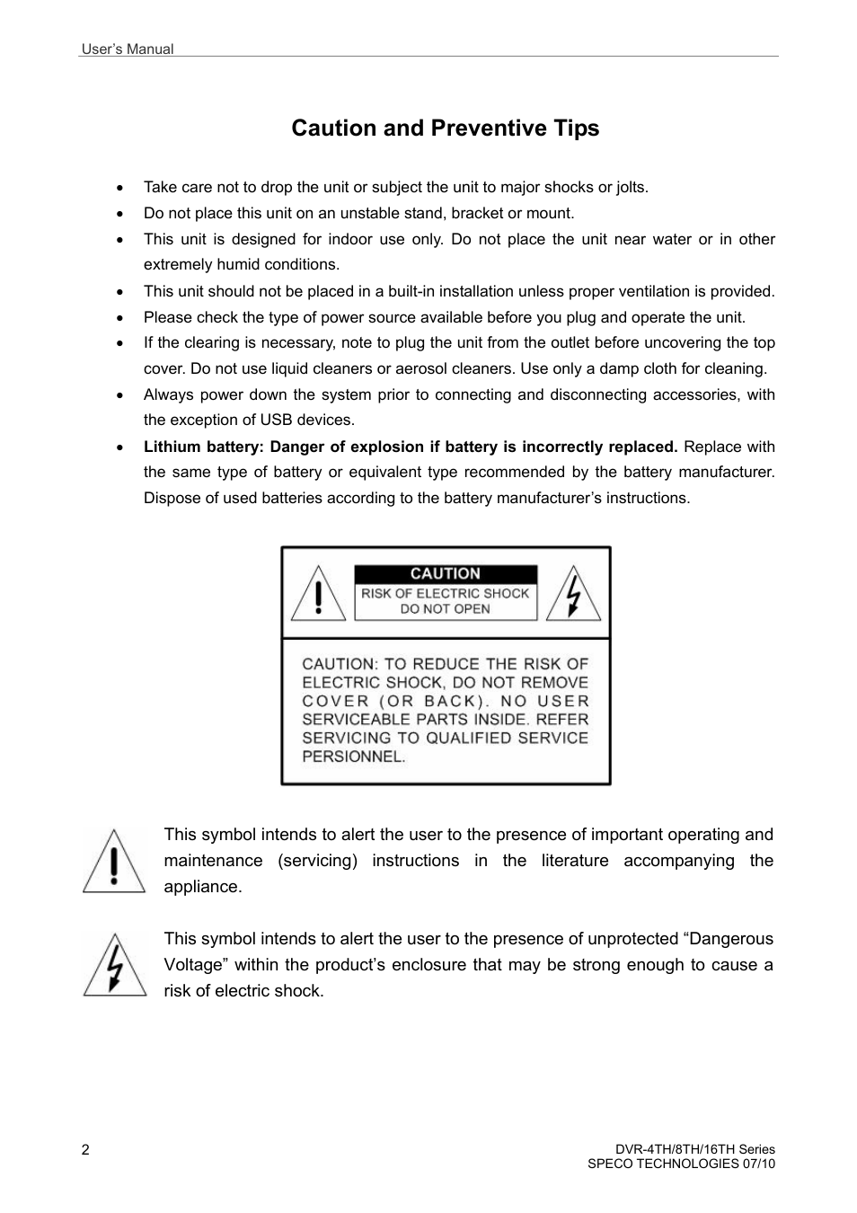 Caution and preventive tips | Speco Technologies 8TH User Manual | Page 3 / 175