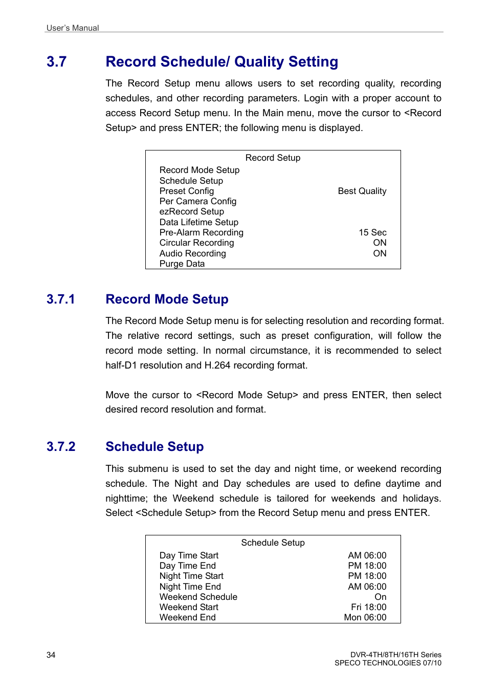 7 record schedule/ quality setting, 1 record mode setup, 2 schedule setup | Speco Technologies 8TH User Manual | Page 35 / 175