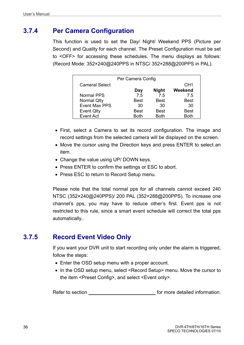 4 per camera configuration, 5 record event video only | Speco Technologies 8TH User Manual | Page 37 / 175