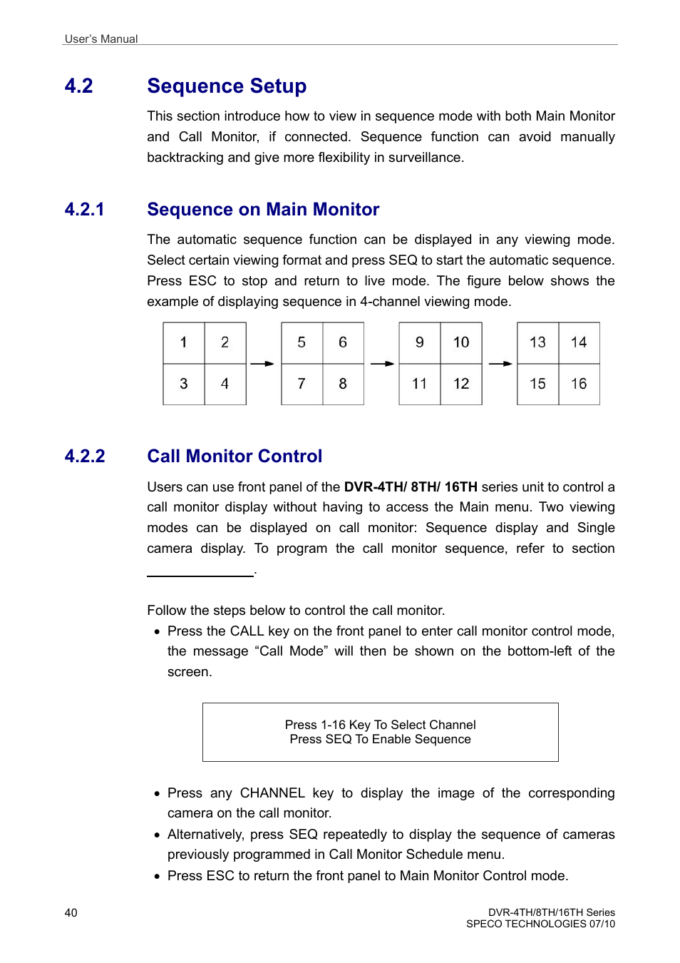 2 sequence setup, 1 sequence on main monitor, 2 call monitor control | Speco Technologies 8TH User Manual | Page 41 / 175