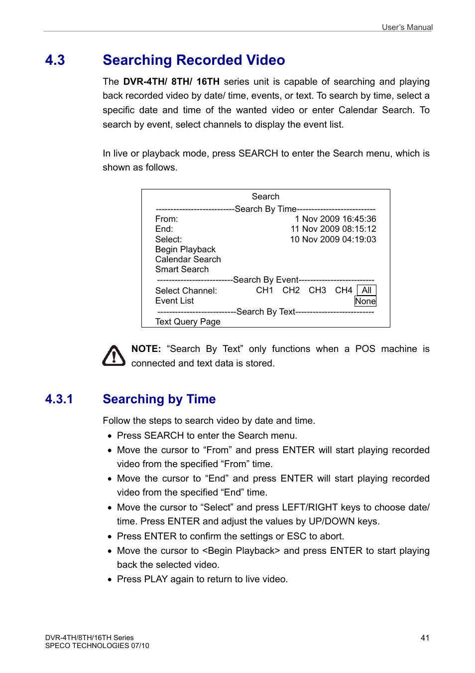 3 searching recorded video, 1 searching by time | Speco Technologies 8TH User Manual | Page 42 / 175