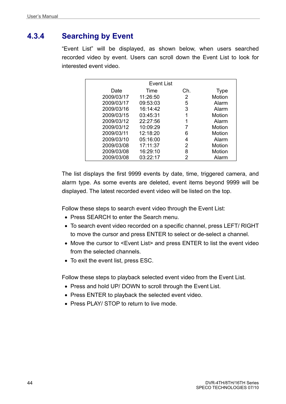 4 searching by event | Speco Technologies 8TH User Manual | Page 45 / 175