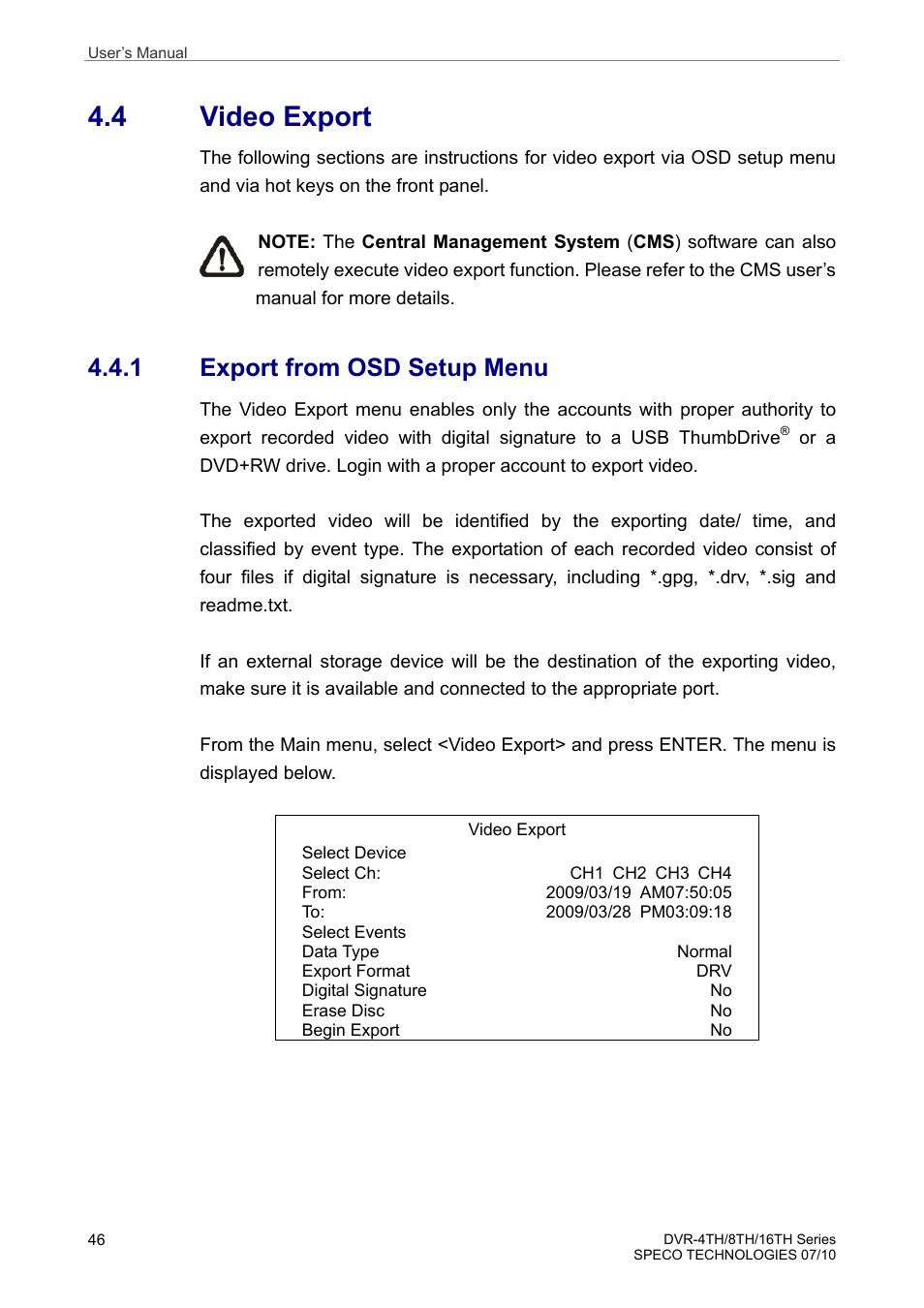 4 video export, 1 export from osd setup menu | Speco Technologies 8TH User Manual | Page 47 / 175