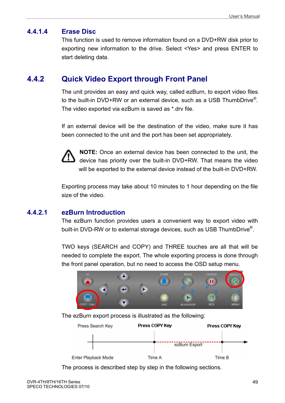 2 quick video export through front panel, 4 erase disc, 1 ezburn introduction | Speco Technologies 8TH User Manual | Page 50 / 175