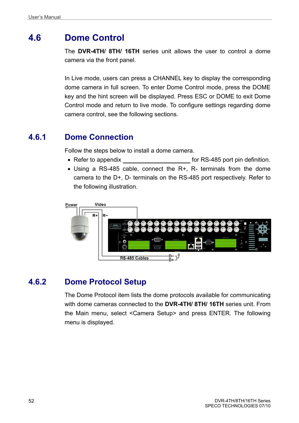 6 dome control, 1 dome connection, 2 dome protocol setup | Speco Technologies 8TH User Manual | Page 53 / 175