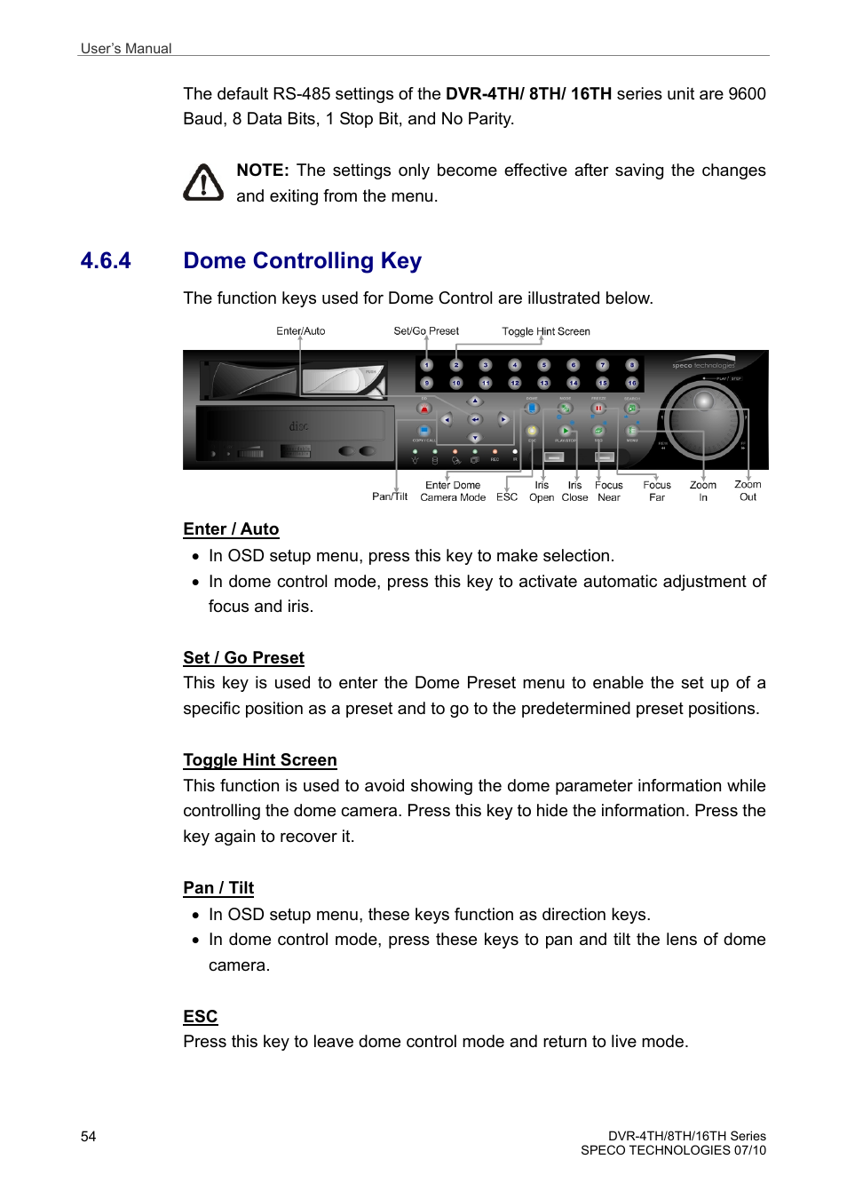 4 dome controlling key | Speco Technologies 8TH User Manual | Page 55 / 175