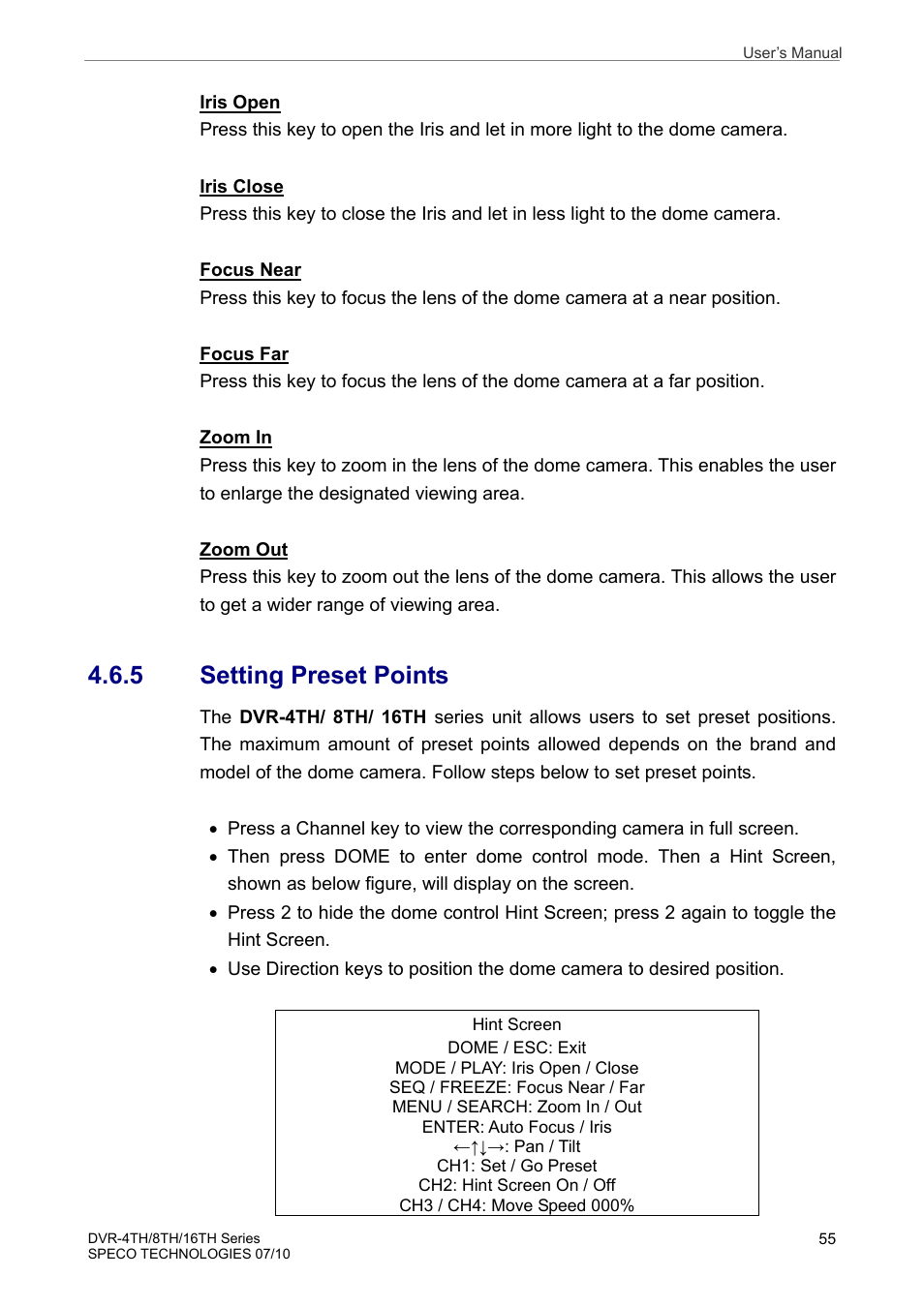 5 setting preset points | Speco Technologies 8TH User Manual | Page 56 / 175