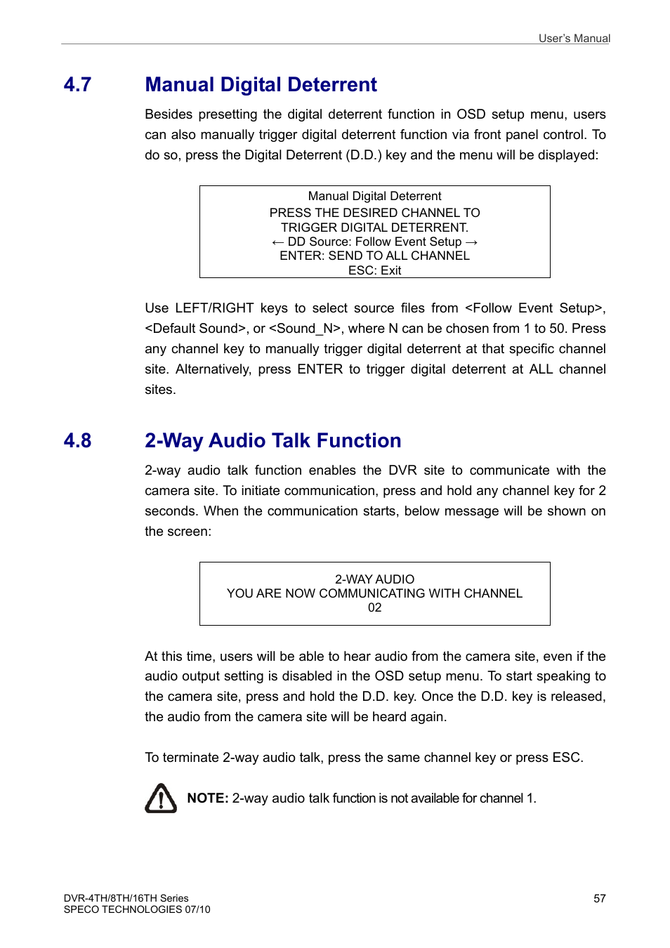 7 manual digital deterrent, 8 2-way audio talk function | Speco Technologies 8TH User Manual | Page 58 / 175