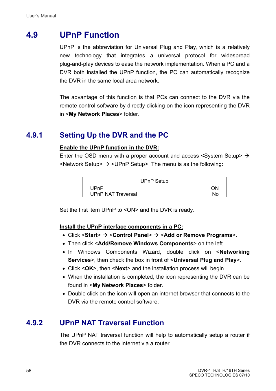 9 upnp function, 1 setting up the dvr and the pc, 2 upnp nat traversal function | Speco Technologies 8TH User Manual | Page 59 / 175