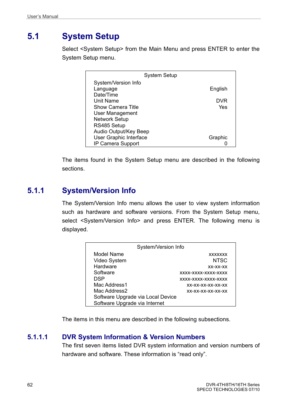 1 system setup, 1 system/version info | Speco Technologies 8TH User Manual | Page 63 / 175