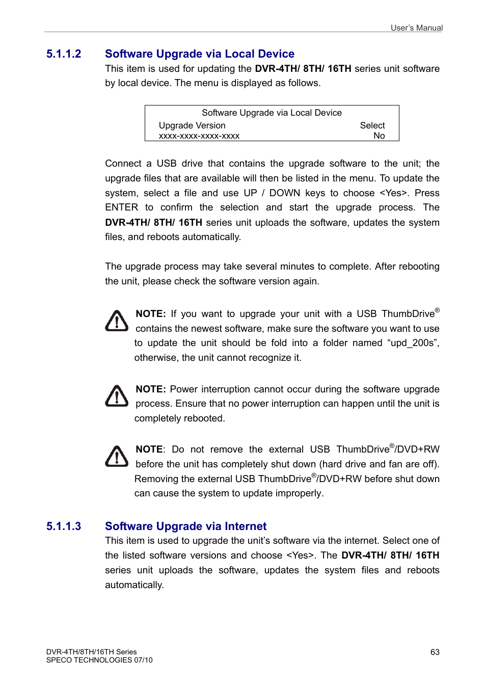 2 software upgrade via local device, 3 software upgrade via internet | Speco Technologies 8TH User Manual | Page 64 / 175