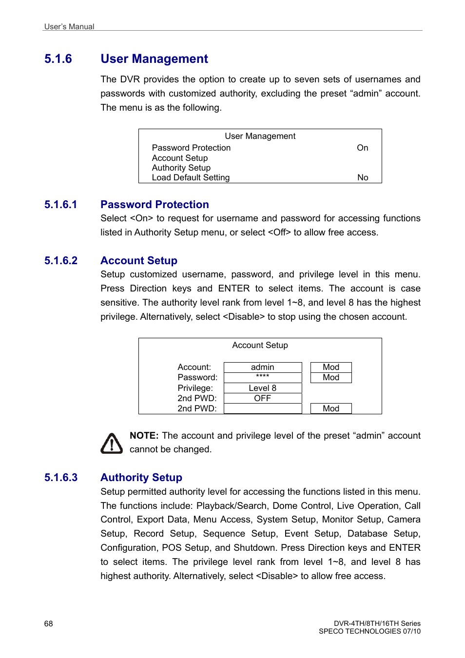 6 user management, 1 password protection, 2 account setup | 3 authority setup | Speco Technologies 8TH User Manual | Page 69 / 175