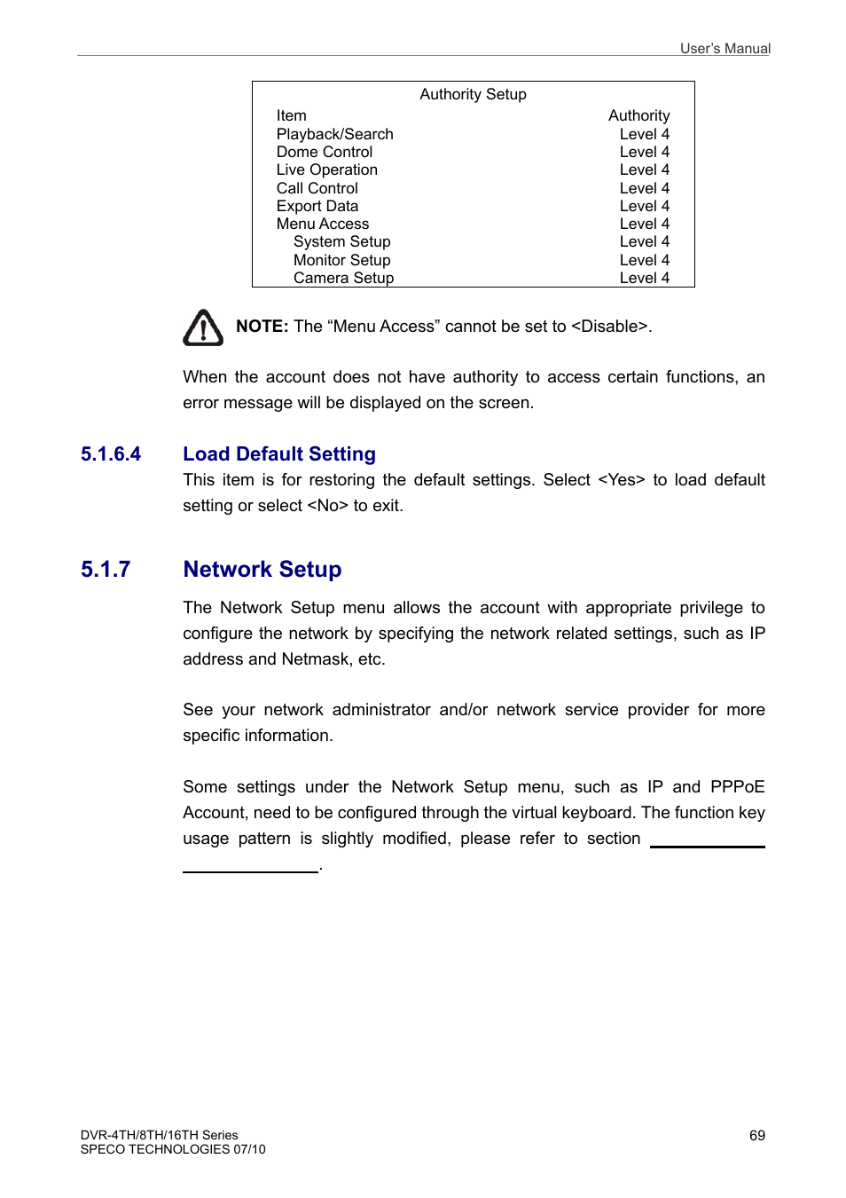 7 network setup, 4 load default setting | Speco Technologies 8TH User Manual | Page 70 / 175