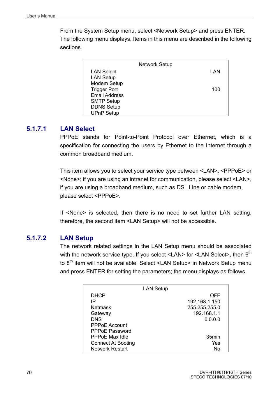 1 lan select, 2 lan setup | Speco Technologies 8TH User Manual | Page 71 / 175