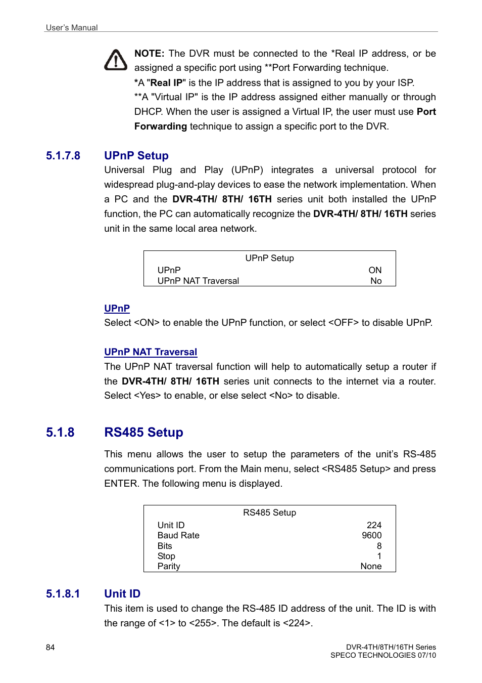 8 rs485 setup, 8 upnp setup, 1 unit id | Speco Technologies 8TH User Manual | Page 85 / 175