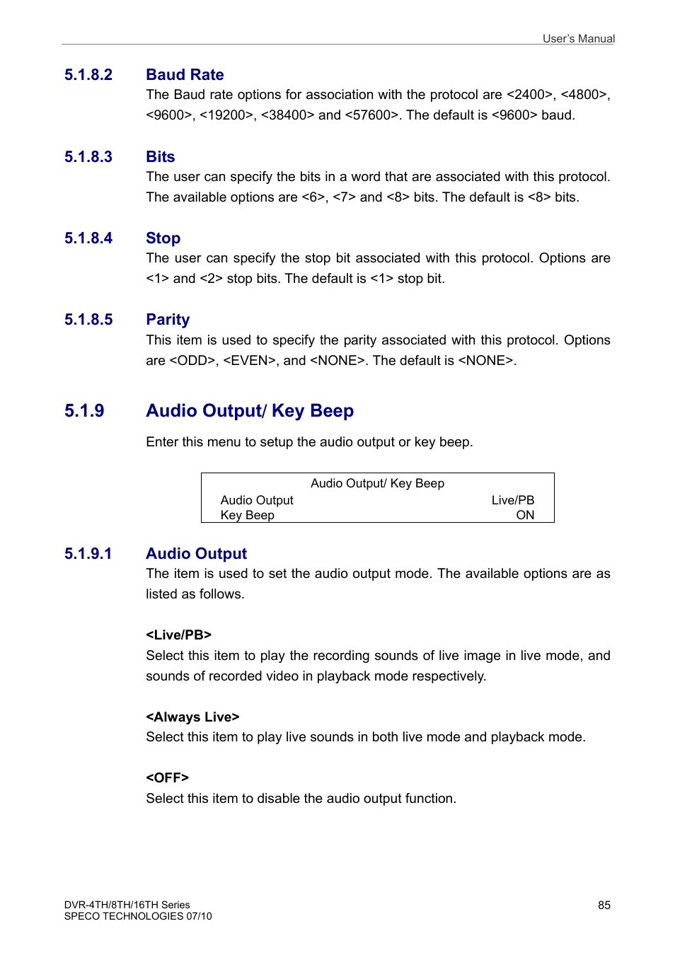 9 audio output / key beep | Speco Technologies 8TH User Manual | Page 86 / 175
