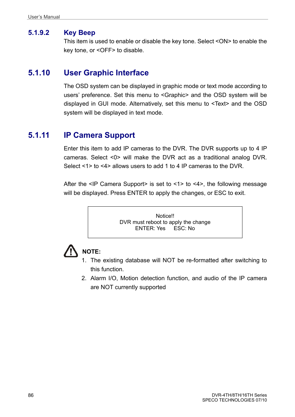 10 user graphic interface, 11 ip camera support, 2 key beep | Speco Technologies 8TH User Manual | Page 87 / 175