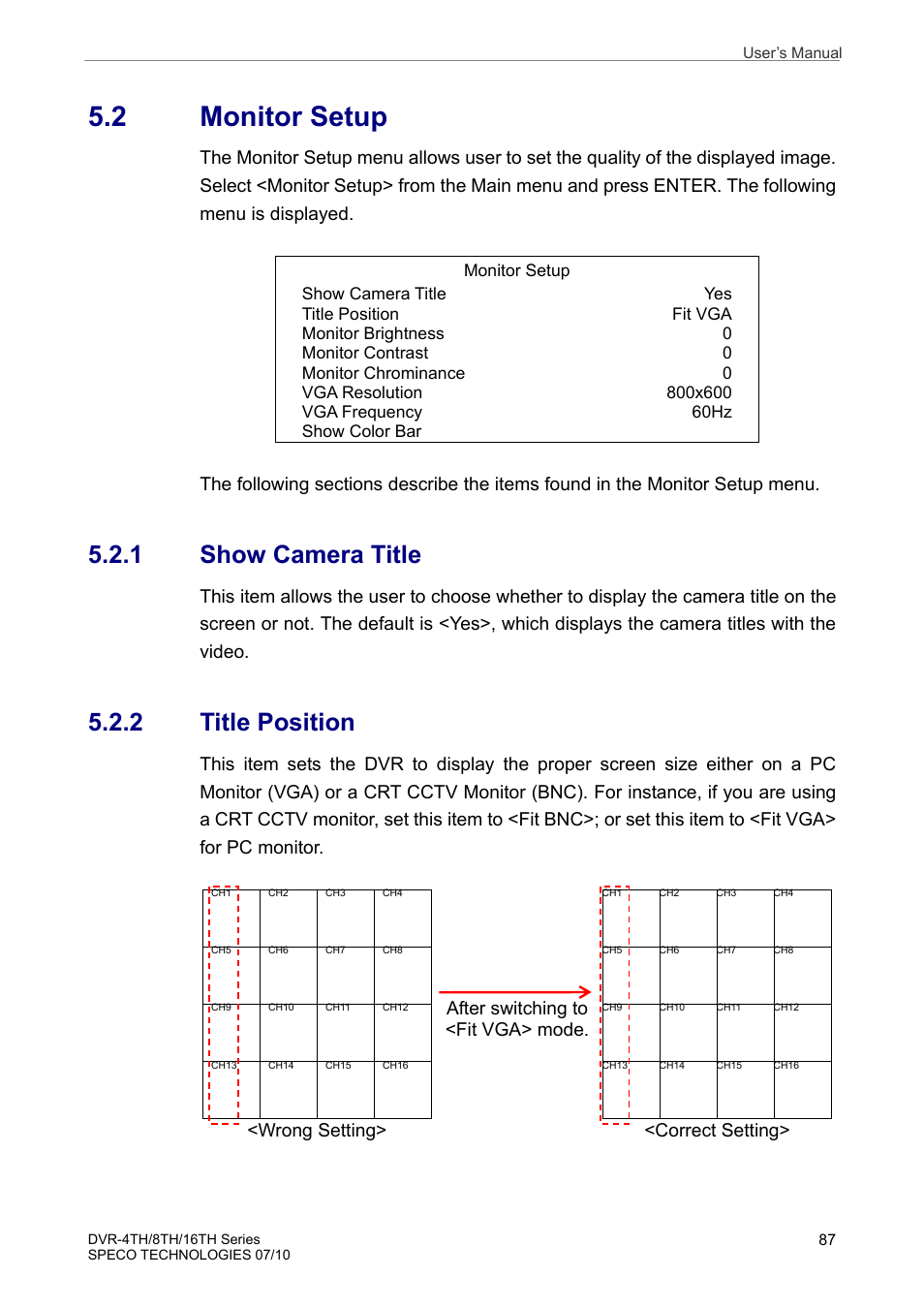 2 monitor setup, 1 show camera title, 2 title position | After switching to <fit vga> mode, Wrong setting> <correct setting | Speco Technologies 8TH User Manual | Page 88 / 175