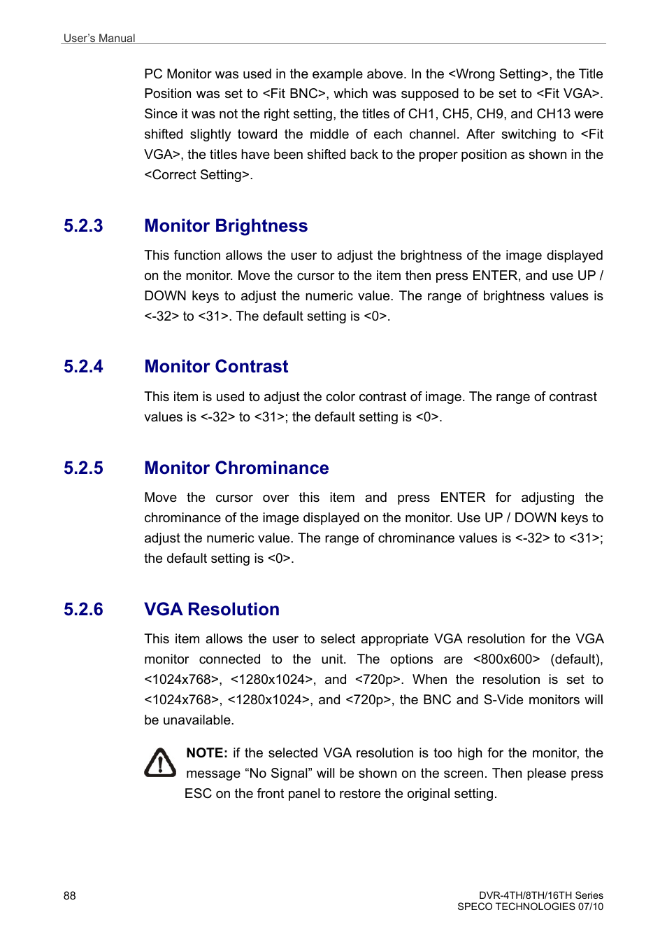 3 monitor brightness, 4 monitor contrast, 5 monitor chrominance | 6 vga resolution | Speco Technologies 8TH User Manual | Page 89 / 175