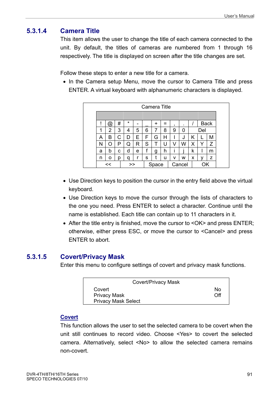 4 camera title, 5 covert/privacy mask | Speco Technologies 8TH User Manual | Page 92 / 175
