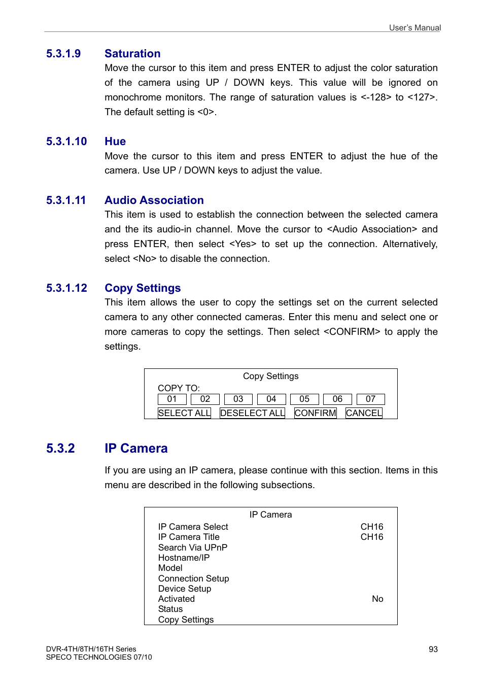 2 ip camera, 9 saturation, 10 hue | 11 audio association, 12 copy settings | Speco Technologies 8TH User Manual | Page 94 / 175