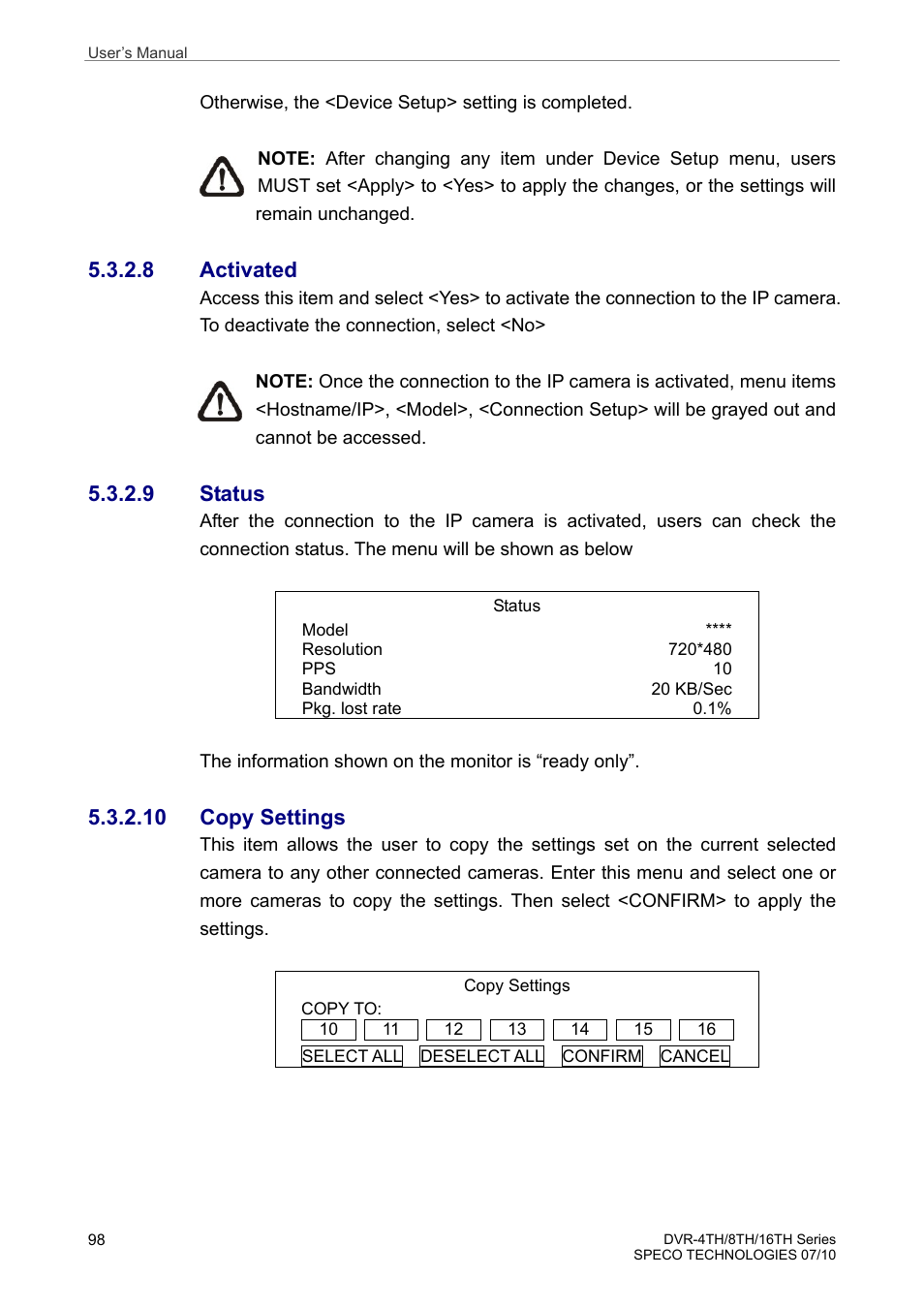 8 activated, 9 status, 10 copy settings | Speco Technologies 8TH User Manual | Page 99 / 175
