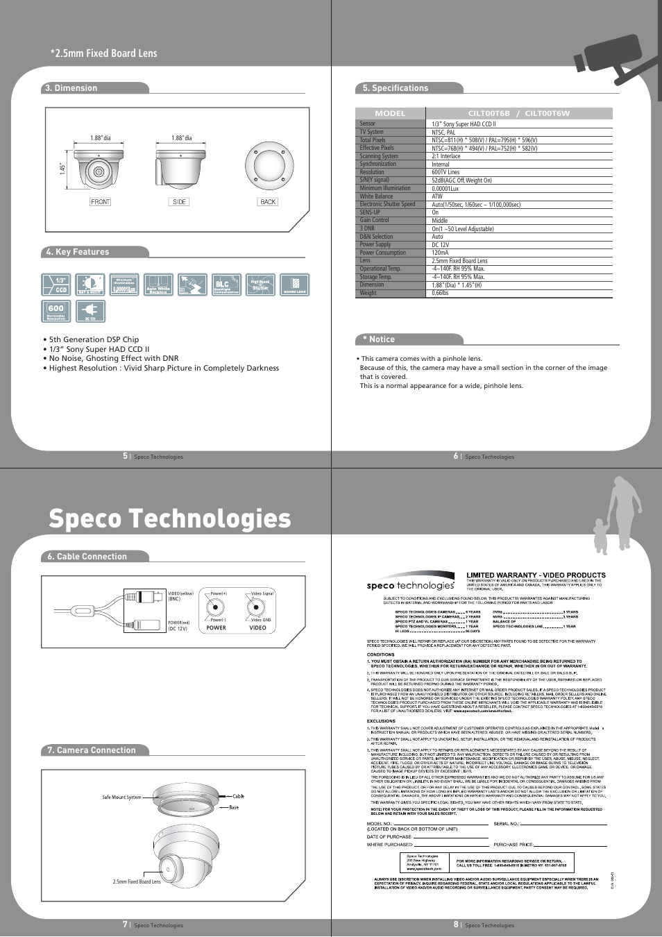 Speco technologies, 5mm fixed board lens | Speco Technologies Intense Light Miniature Turret Camera CILT00T6B User Manual | Page 2 / 2