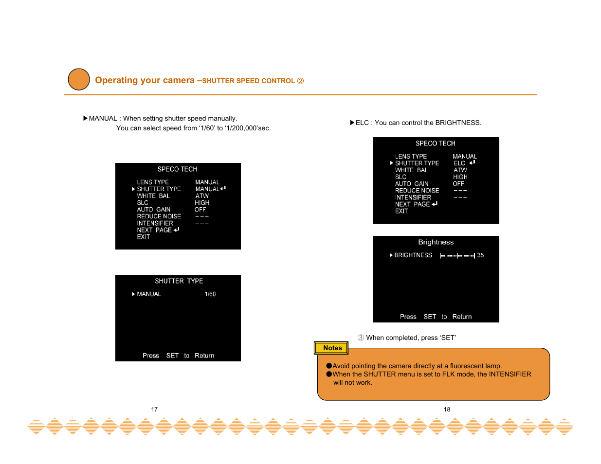 Operating your camera –shutter speed control, Operating your camera | Speco Technologies HT-INTD3 User Manual | Page 11 / 22
