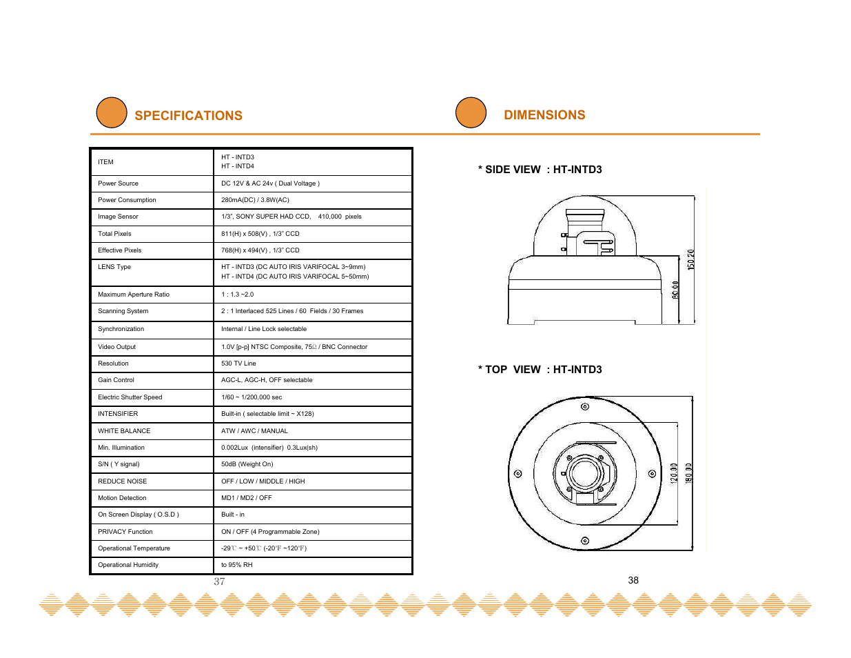 Dimensions specifications, Side view : ht-intd3 * top view : ht-intd3 | Speco Technologies HT-INTD3 User Manual | Page 21 / 22